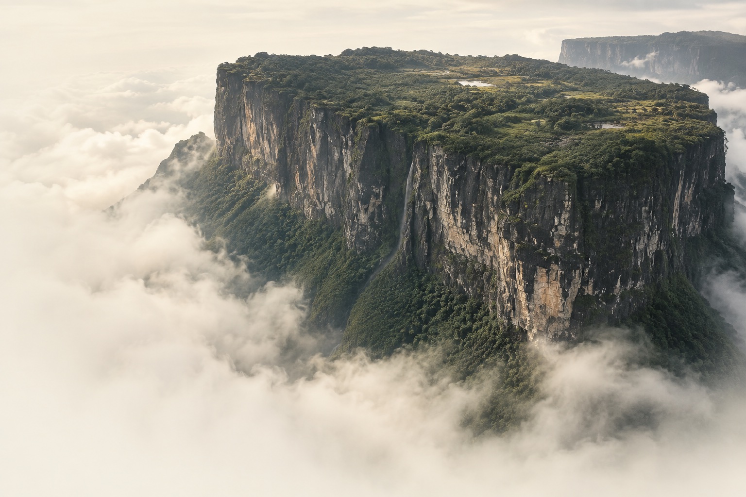 A forest-covered tepui rising above soft clouds
